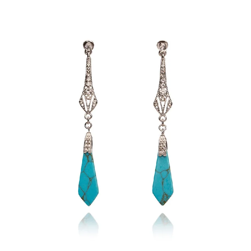 ladies earrings dangle-Victorian Style Turquoise and Silver Long Drop Earrings