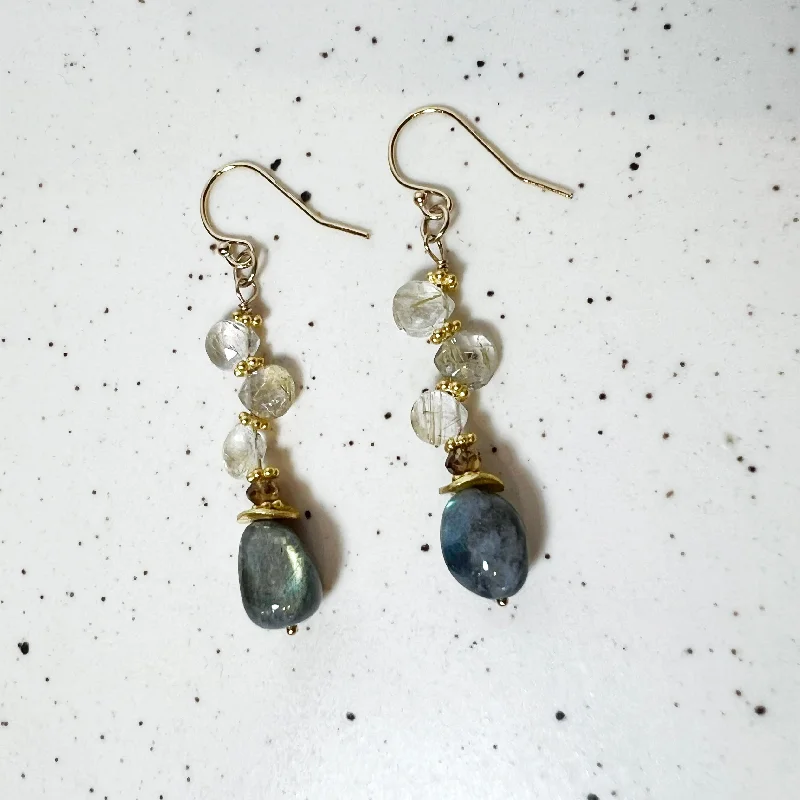 ladies earrings triangle-Labradorite Beads, Rutilated Quartz Briolettes Earrings