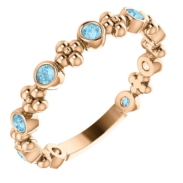 Ladies rings zen glow -14KT GOLD 0.36 CTW ROUND AQUAMARINE BEZEL-SET BEADED FLORAL RING