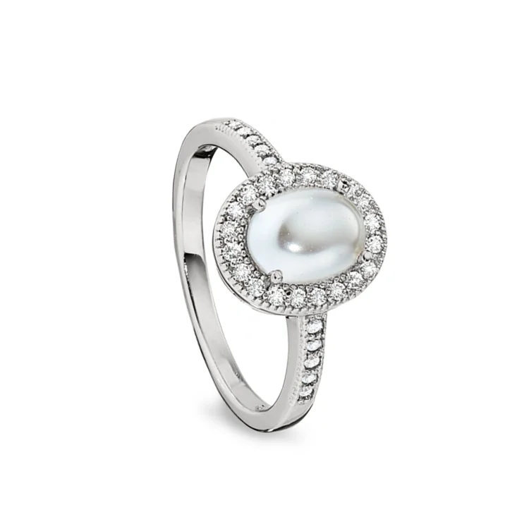 Ladies rings proposal shine -Platinum Finish Sterling Silver Micropave Cabochon Cut Pearl Ring with Simulated Diamonds