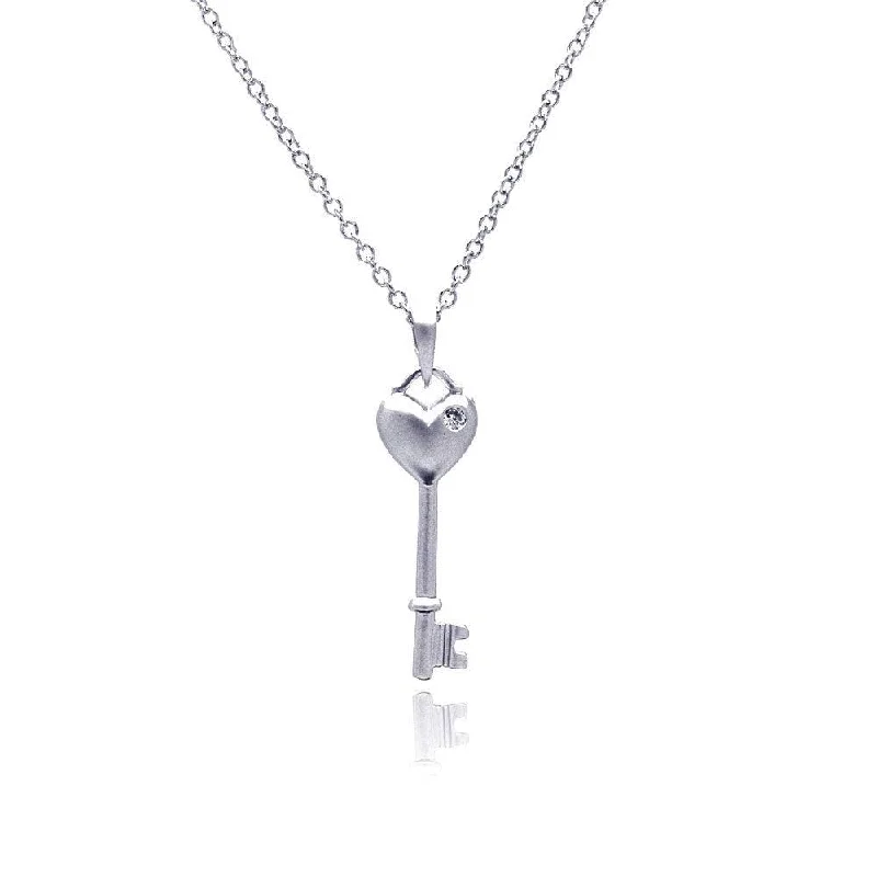 ladies necklaces tribal-Silver 925 Rhodium Plated Heart Key CZ Necklace - BGP00369