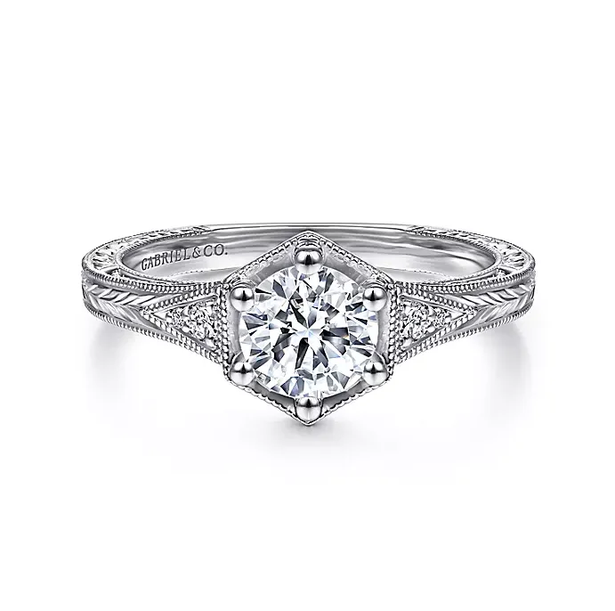 ladies engagement rings astrology-Priya - Vintage Inspired 14K White Gold Round Diamond Engagement Ring