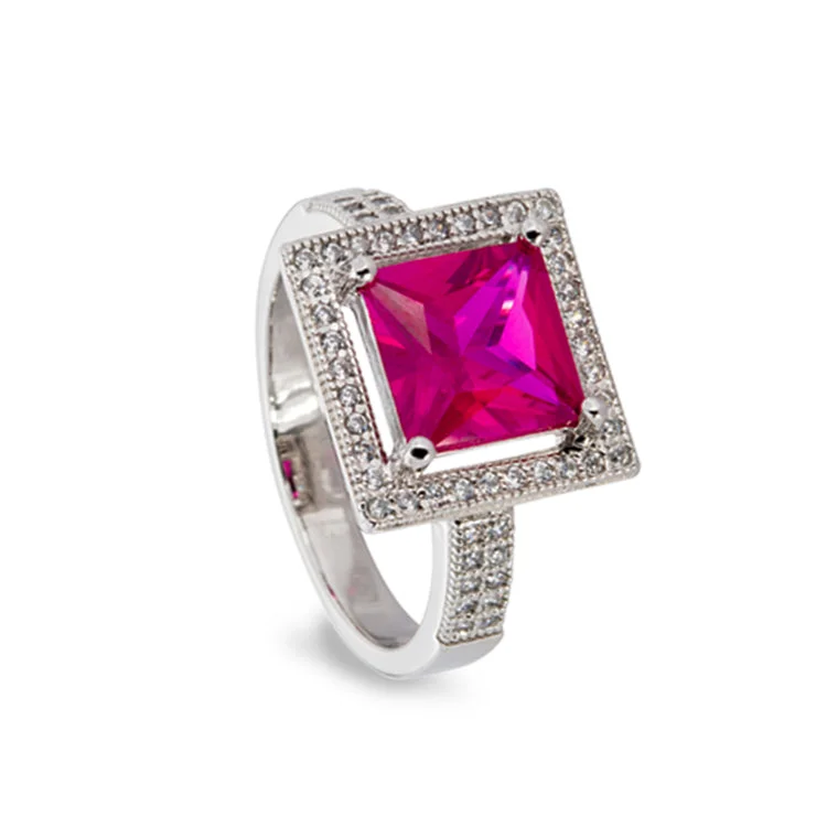 Ladies rings 1950s shine -Platinum Finish Sterling Silver Micropave Simulated Ruby Princess Cut Ring with 57 Simulated Diamonds