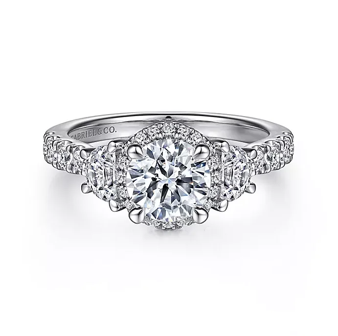 ladies engagement rings flower-Adelie - 14K White Gold Round Three Stone Halo Diamond Engagement Ring