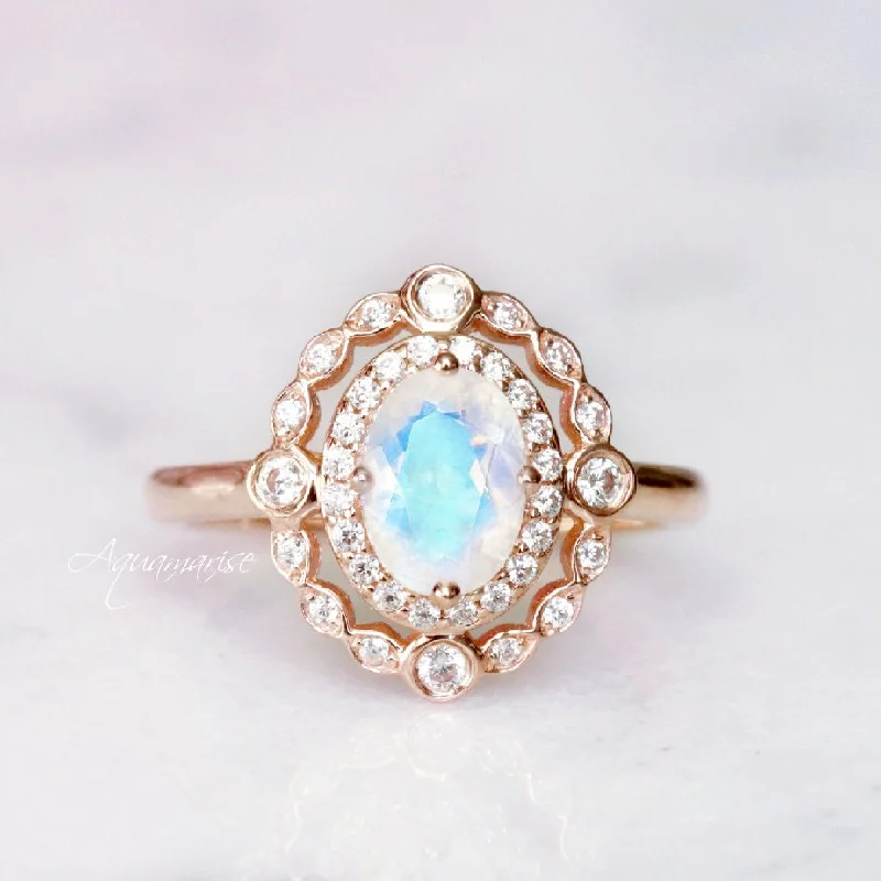 ladies engagement rings handmade-Valentina Rainbow Moonstone Engagement Ring- 10K/14K/18K Solid Rose Gold