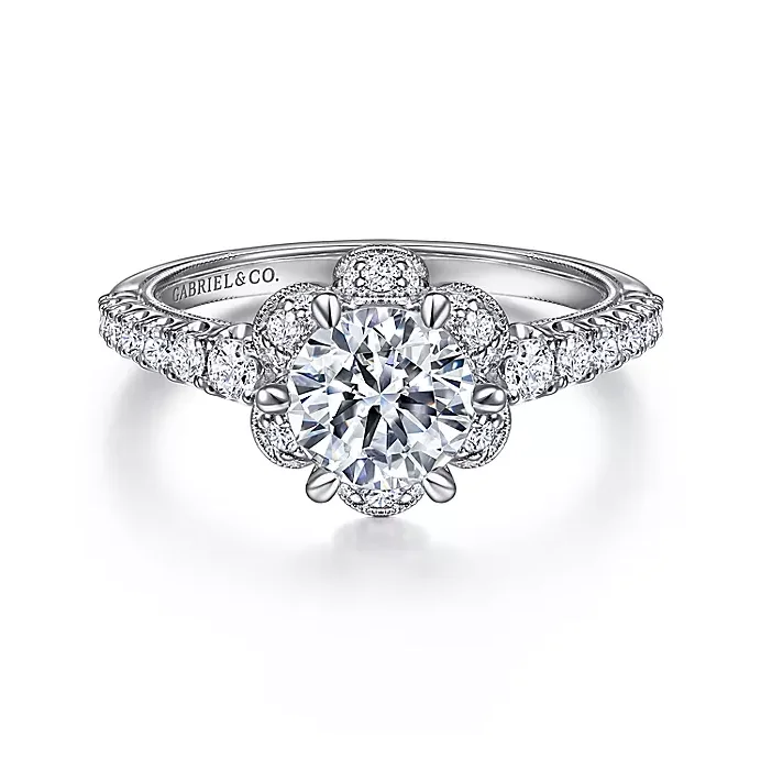 ladies engagement rings water resistant-Lido - 14K White Gold Floral Halo Round Diamond Engagement Ring