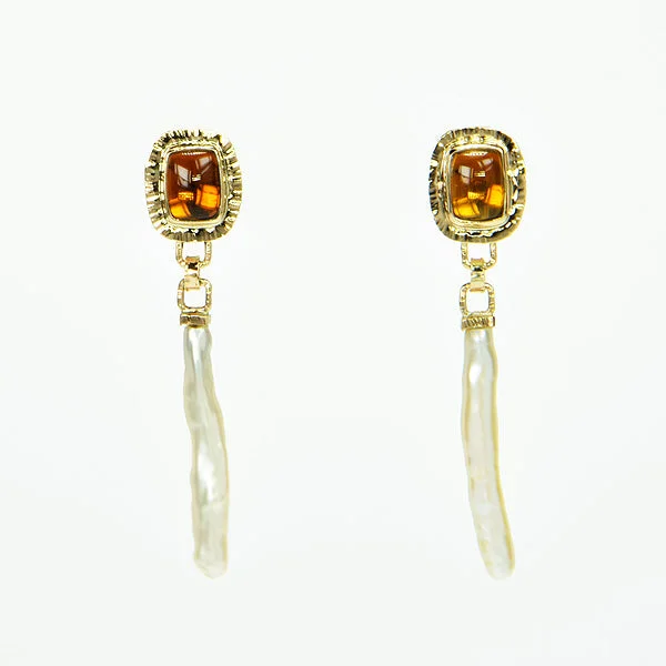 ladies earrings birthstone-Amber Tourmaline & Freshwater Pearl Earrings