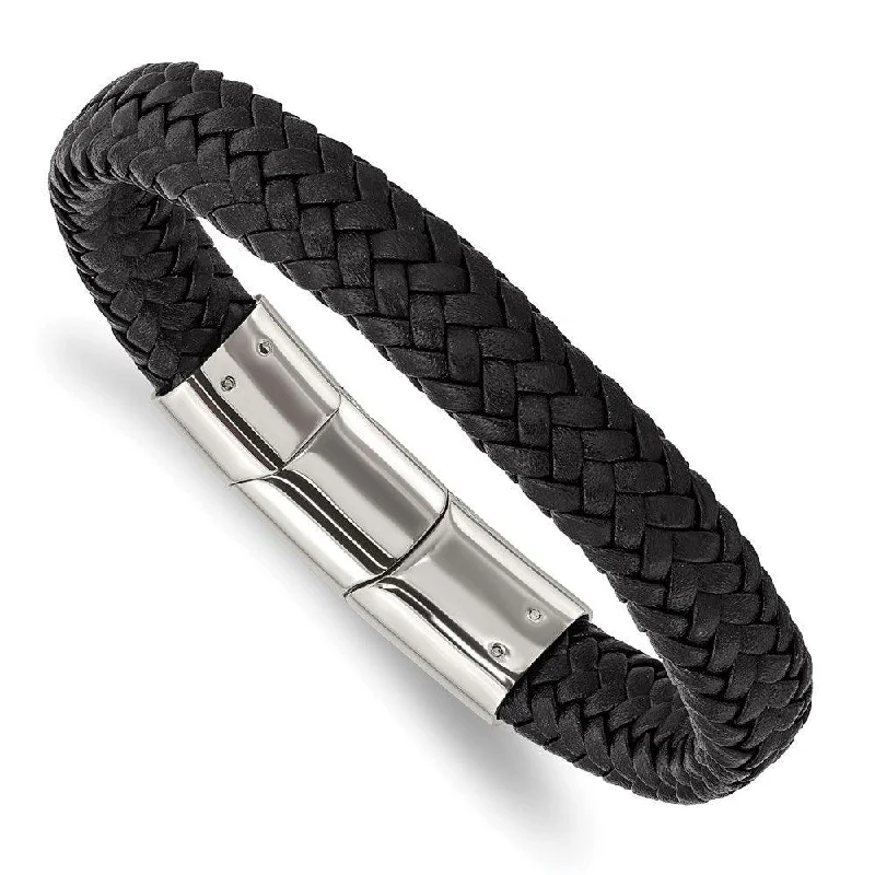 Ladies bracelets lavish shine -Stainless Steel Polished Black Woven Leather w/.5in ext 8in Bracelet