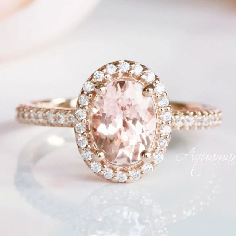 ladies engagement rings extravagant-Iris Oval Halo Morganite Engagement Ring- 14K Solid Rose Gold