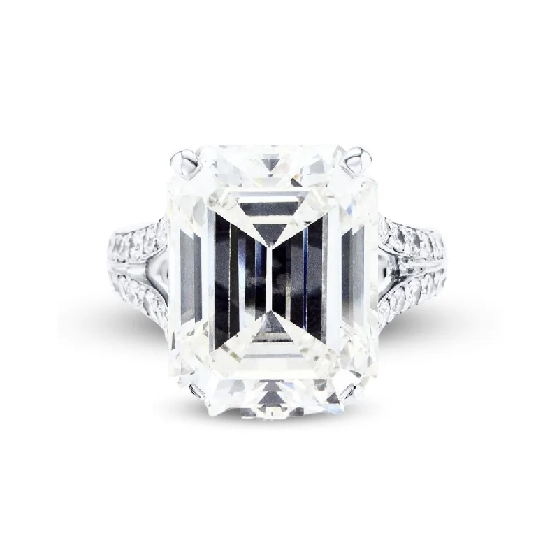 ladies engagement rings 1920s-12.64 CT Emerald Cut and 1.00 Cttw Diamond Split Shank Pavé Platinum Engagement Ring