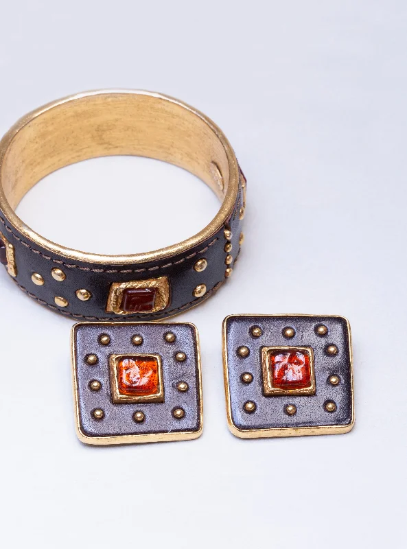 ladies earrings durable-Set of Vintage Leather and Gold Cuff Bracelet and Earrings