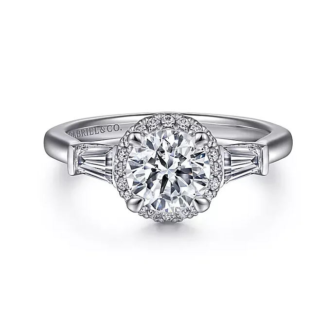 ladies engagement rings heirloom-Elinor - 14K White Gold Round Three Stone Halo Diamond Engagement Ring