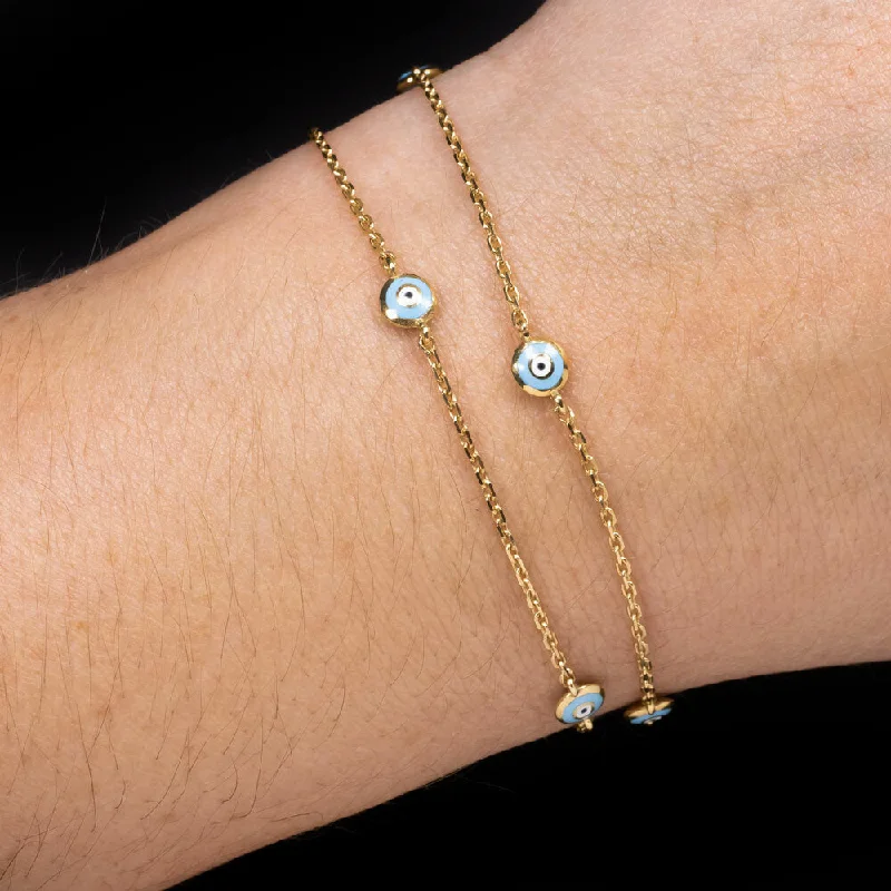 Ladies bracelets aquamarine glow -ENAMEL EVIL EYE SOLID 14k YELLOW GOLD CHAIN BRACELET STATION CHOKER NECKLACE