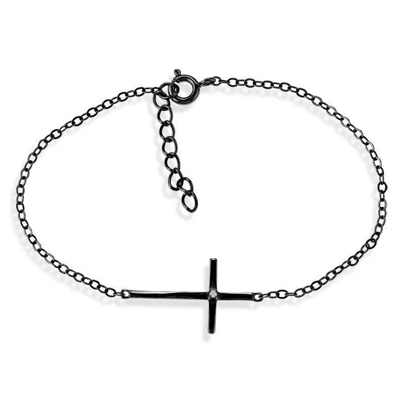 Ladies bracelets empire shine -Sterling Silver Single Black Rhodium CZ Sideways Cross Bracelet