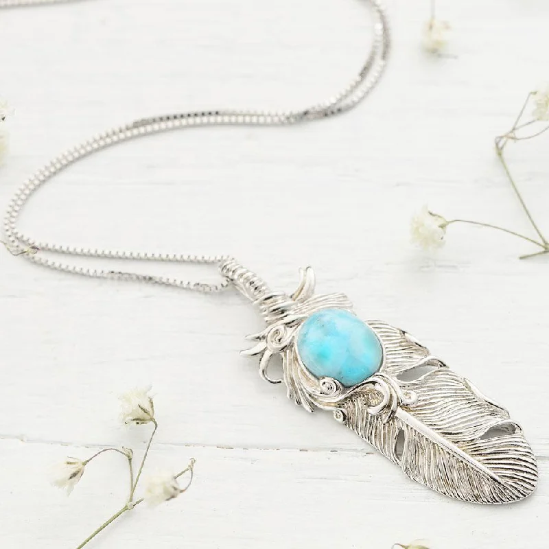 ladies necklaces textured-Larimar Feather Necklace