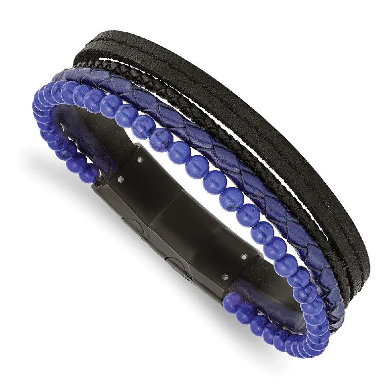 Ladies bracelets speckle charm -Stainless Steel Polished Black IP with Lapis Leather w/.5in ext Bracelet