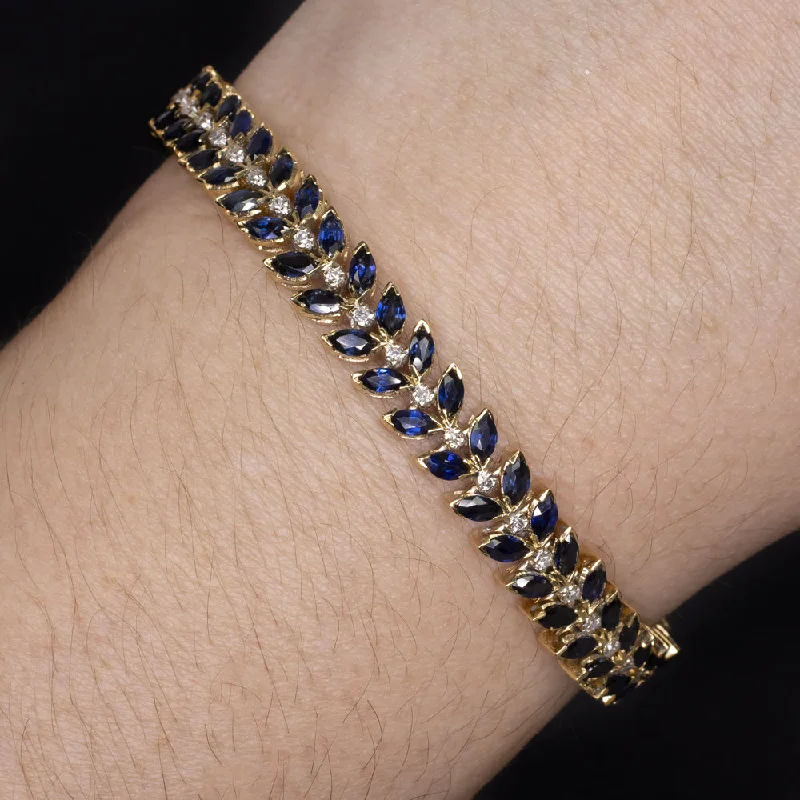 Ladies bracelets fair glow charm -10 CARAT SAPPHIRE DIAMOND BRACELET 14k YELLOW GOLD WIDE MARQUISE PATTERN BLUE