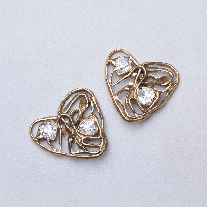 ladies earrings casual-Vintage Heart Clip-on Earrings with Rhinestones