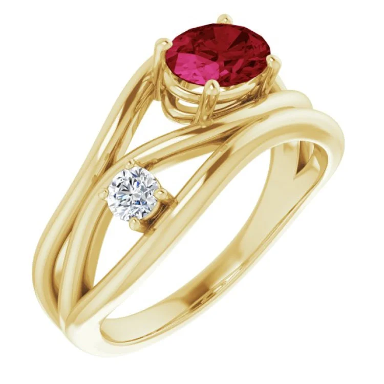 Ladies rings tension shine -14K Yellow Lab-Grown Ruby & 1/10 CTW Natural Diamond Ring