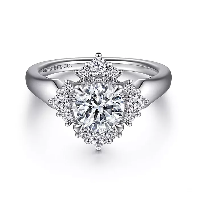 ladies engagement rings cross-Allena - 14K White Gold Bursting Halo Round Diamond Engagement Ring