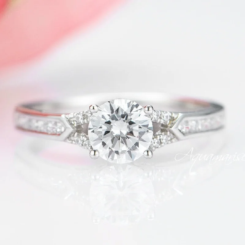 ladies engagement rings best-Round Cut Moissanite Engagement Ring- 14K White Gold