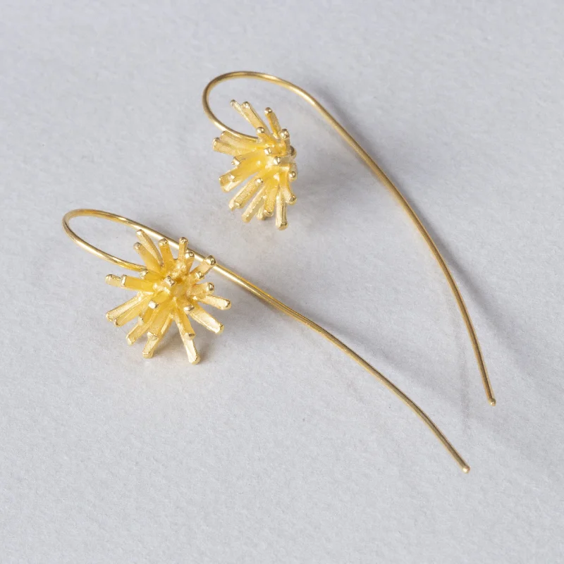 ladies earrings flashy-Gold Flower Long Drop Earring