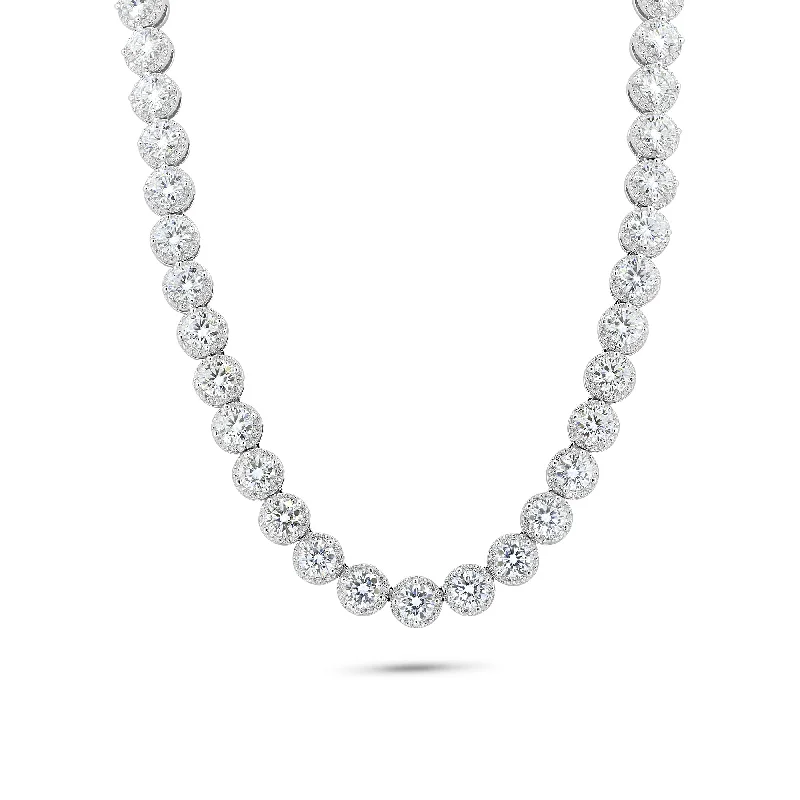 ladies necklaces collar-Rhodium Plated 925 Sterling Silver Moissanite Stone Halo Tennis Necklace - MGMN00004