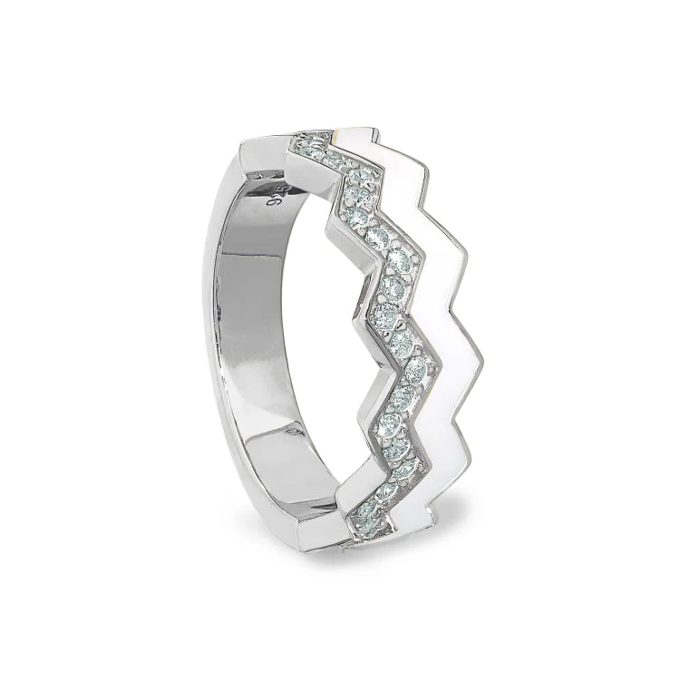 Ladies rings native charm -Platinum Finish Sterling Silver Micropave Ring with with White Enamel and Simulated Diamondss