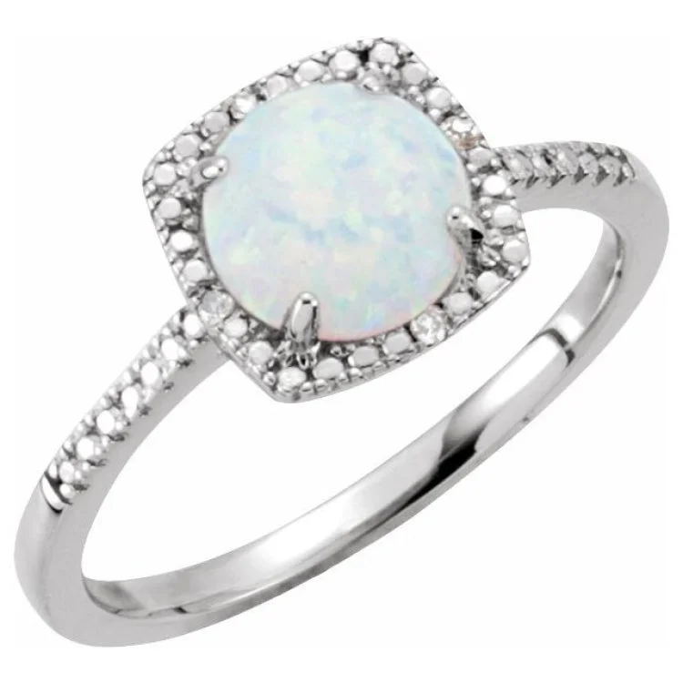 Ladies rings vintage sparkle -Sterling Silver Lab-Grown White Opal & .01 CTW Natural Diamond Ring