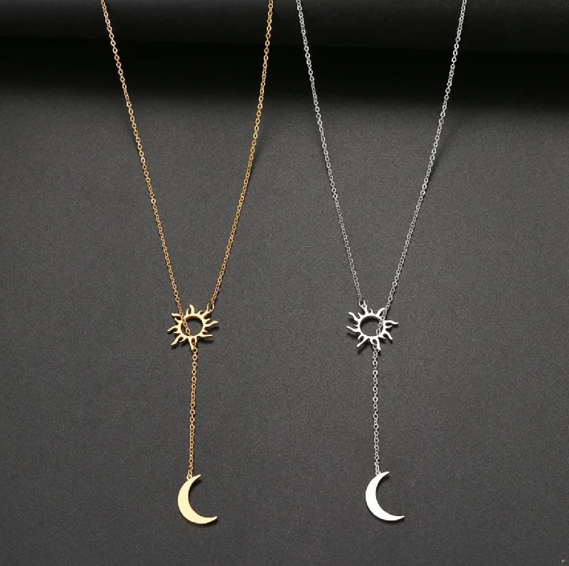 ladies necklaces exclusive-Stainless Steel Silver or Gold Sun and Moon Necklace