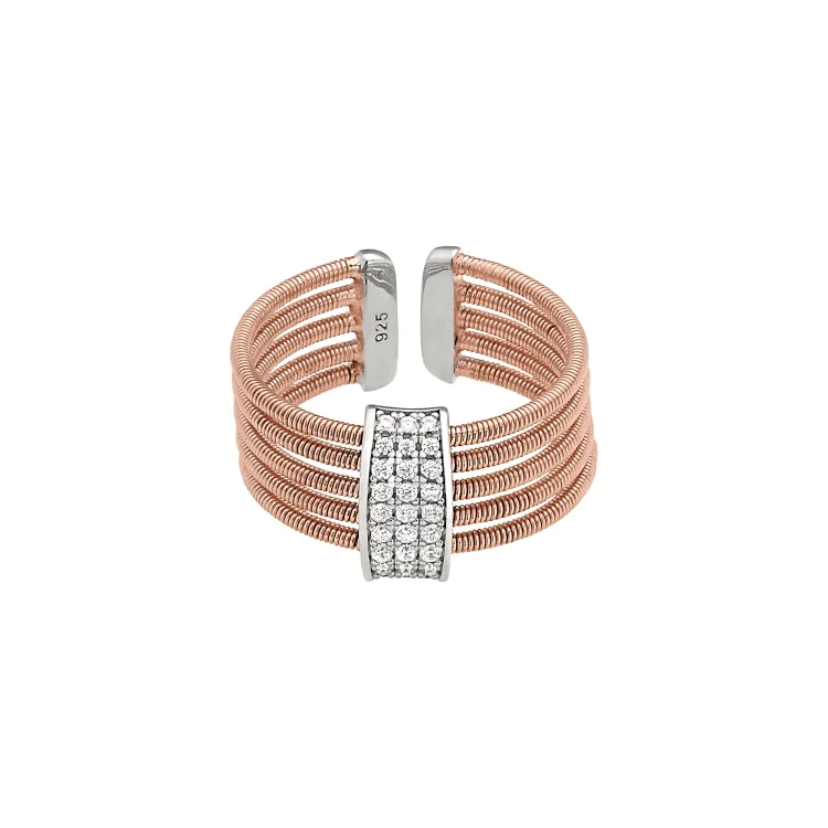 Ladies rings cushion cut shine -Rose Gold Finish Sterling Silver Multi Cable Cuff Ring with Rhodium Finish Simulated Diamond Three Rows