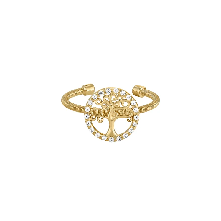 Ladies rings chinese charm -Gold Finish Sterling Silver Cable Cuff Tree Ring with Simulated Diamonds