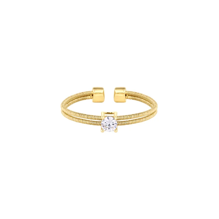 Ladies rings vegan glow -Gold Finish Sterling Silver Two Cable Cuff Ring with a Solitaire Simmulated Diamond