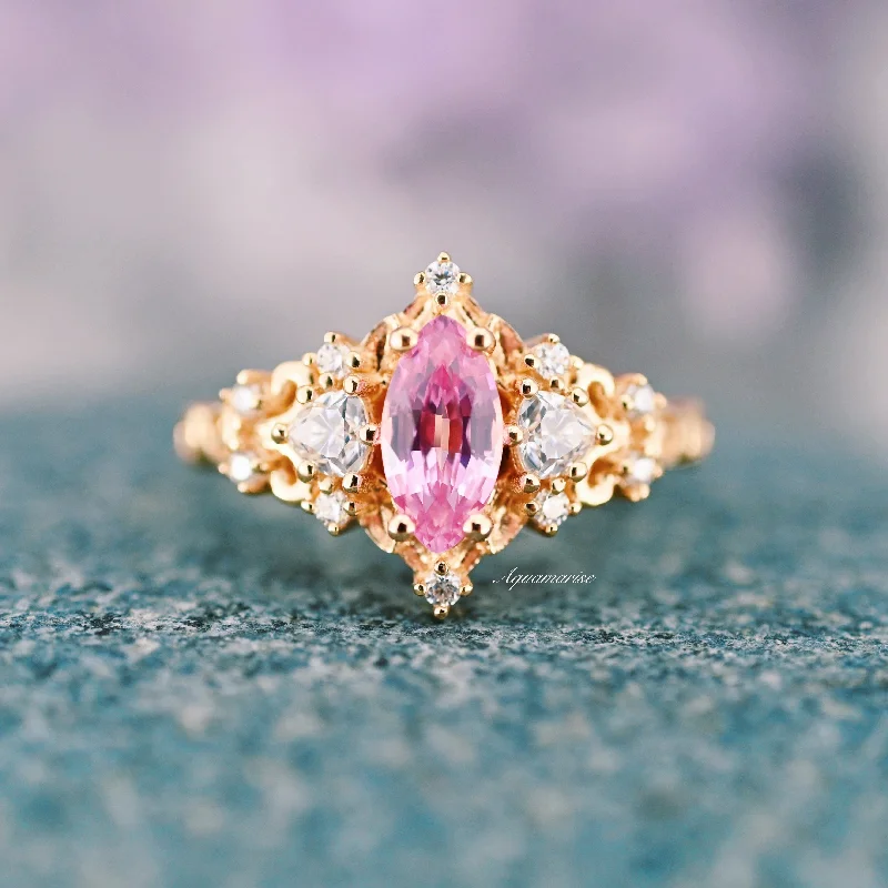 ladies engagement rings sleek-Elain Pink Sapphire Fairy Leaf Engagement Ring- 14K Solid Yellow Gold