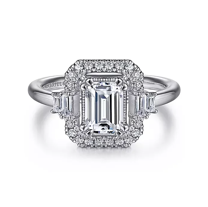 ladies engagement rings round-Havana - Art Deco 14K White Gold Emerald Cut Halo Diamond Engagement Ring