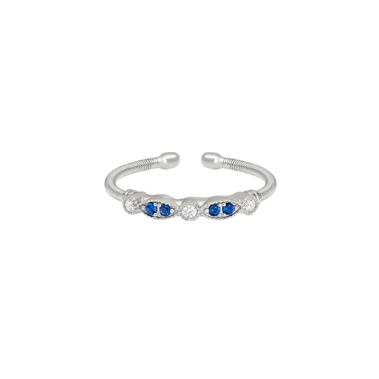 Ladies rings sustainable charm -Rhodium Finish Sterling Silver Cable Cuff Ring with Simulated Blue Sapphire and Simulated Diamond Marquis & Round Design