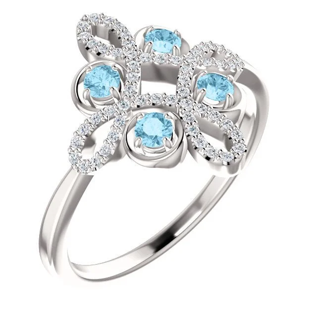 Ladies rings alexandrite glow -14KT GOLD AQUAMARINE & DIAMOND CLOVER RING