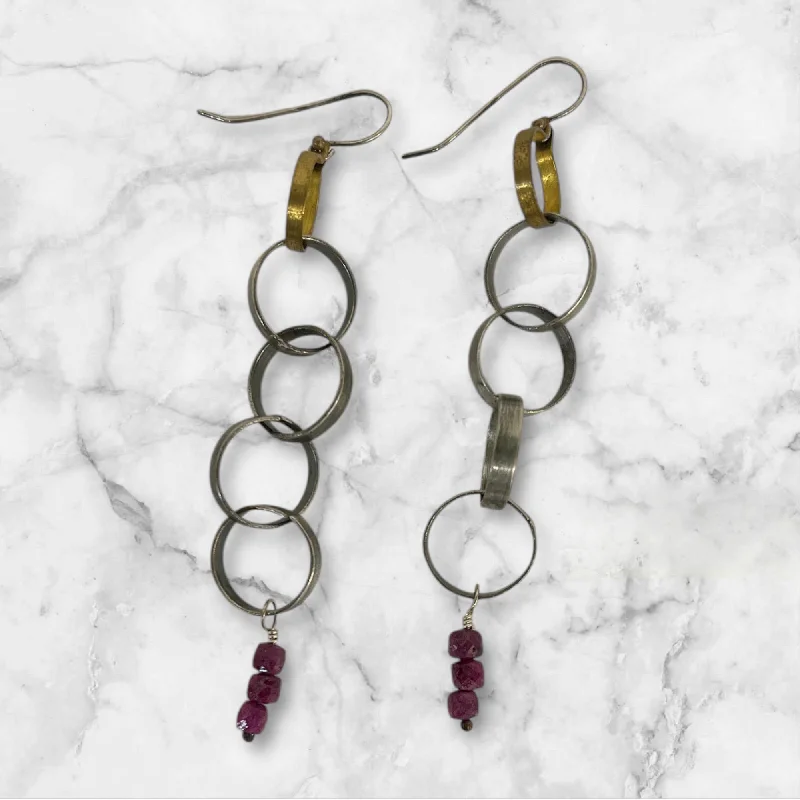 ladies earrings patterned-Ruby Sterling Silver & Brass Chain Earrings