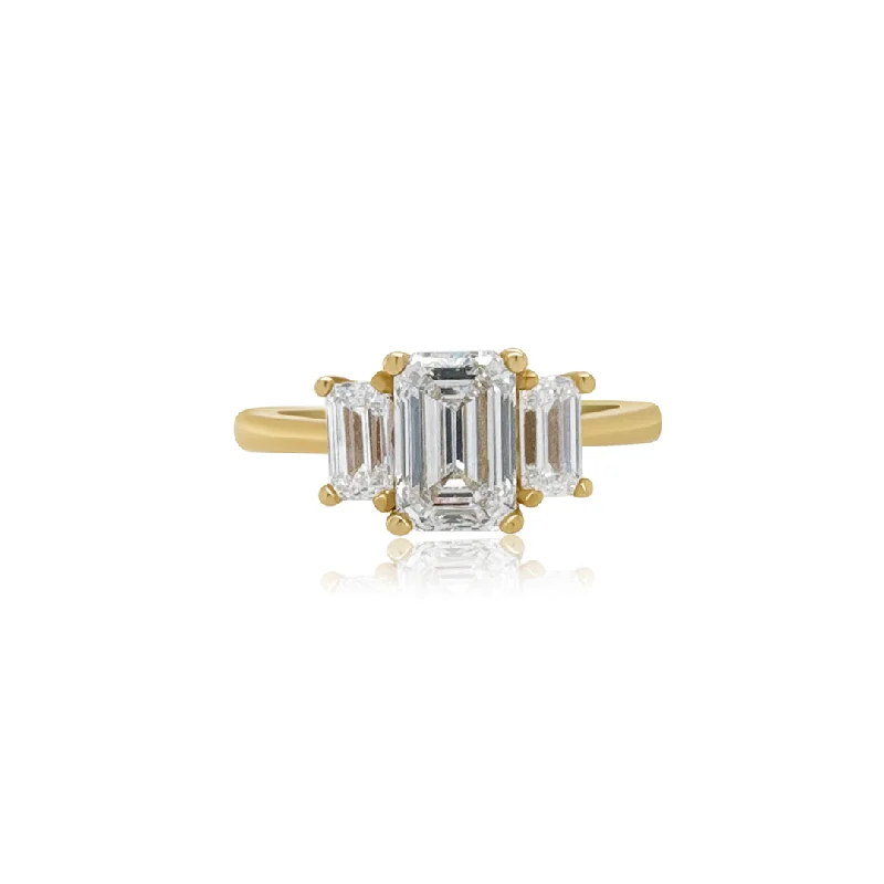 ladies engagement rings affordable-1.24 CT Emerald Cut Lab Grown Diamond and 0.64 Cttw Three Stone Engagement Ring 14K Yellow Gold