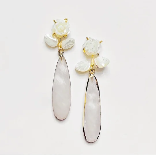 ladies earrings valentine-Earrings - Carved Rose + White Quartz