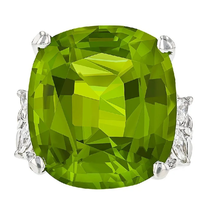 Ladies rings natural brilliance -JULEVE 18KT GOLD 28.26 CT CUSHION PERIDOT AND 1.76 CTW DIAMOND RING