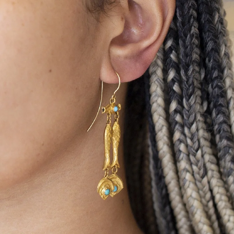 ladies earrings short-22ct Gold and Turquoise Fish Drop Earrings