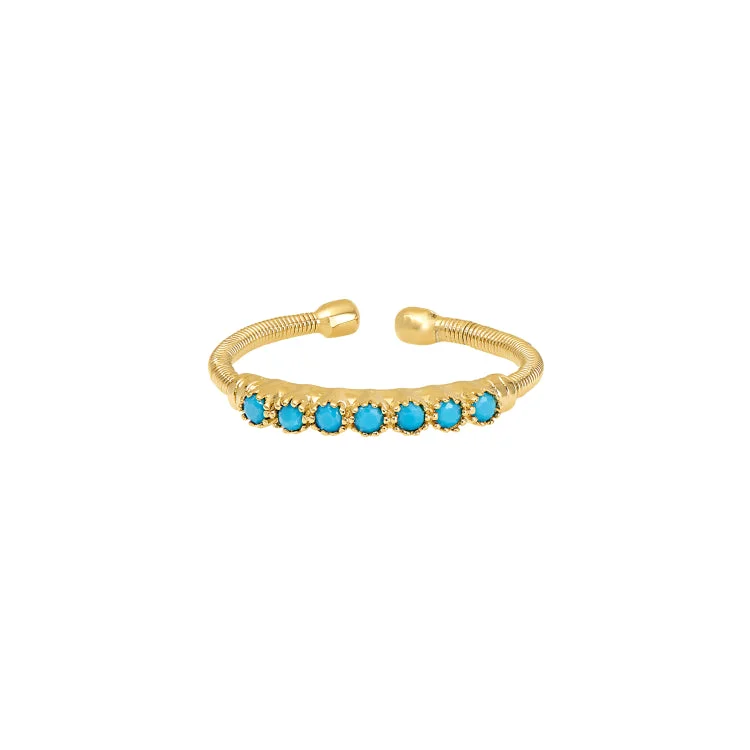 Ladies rings lapis lazuli glow -Gold Finish Sterling Silver Cable Cuff Ring with Beaded Bezel Set Simulated Turquoise