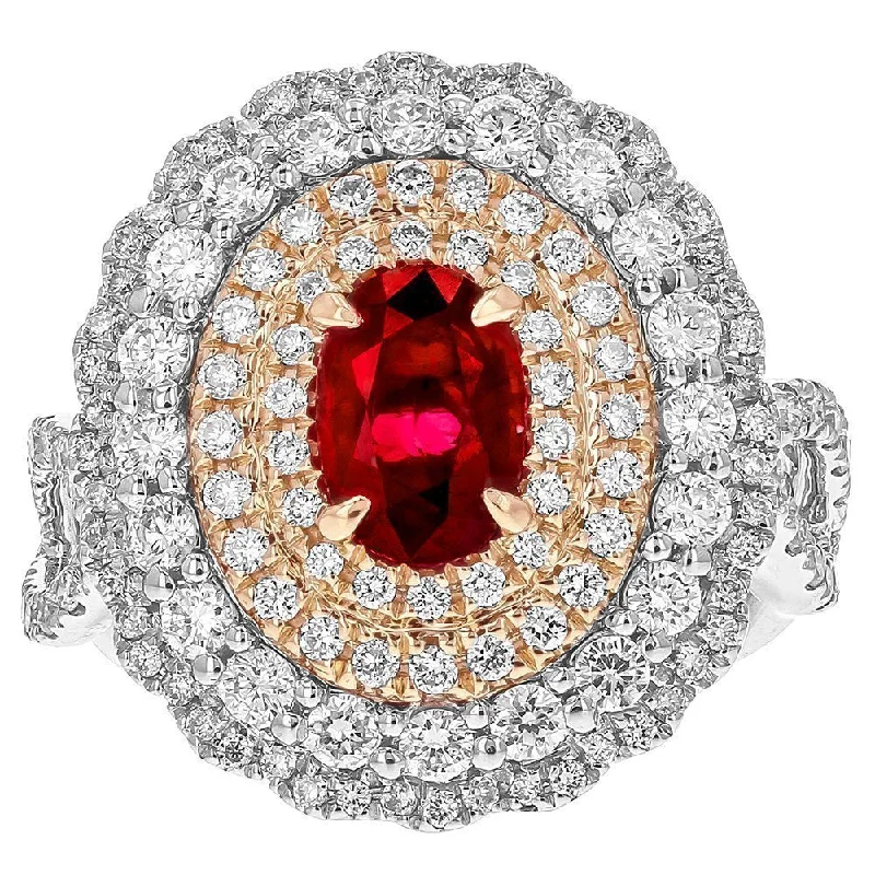 Ladies rings for her shine -JULEVE 18KT TWO TONE 0.85CT OVAL RUBY & 1.53CT DIAMOND HALO RING