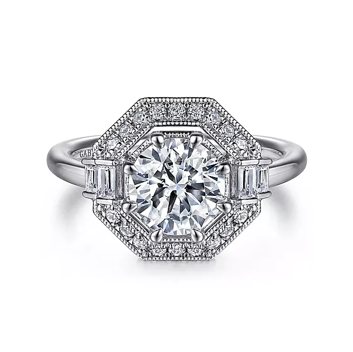 ladies engagement rings prong-Zara - Art Deco 14K White Gold Round Halo Diamond Engagement Ring