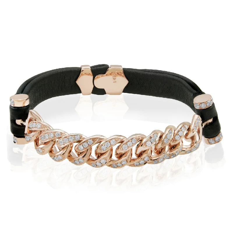 Ladies bracelets unusual gems -14k Rose Gold 1.25ct Diamond Leather Cuban Link Bracelet