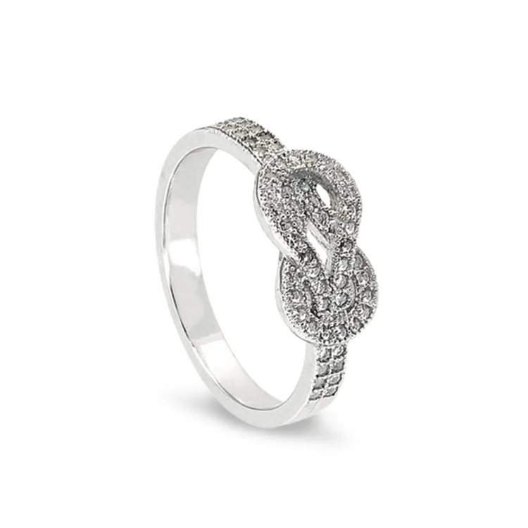 Ladies rings sale shine -Platinum Finish Sterling Silver Micropave Knot Ring with Simulated Diamonds