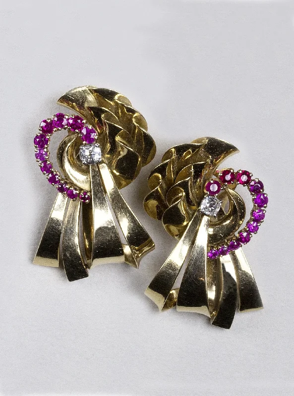 ladies earrings triangle-Vintage Gold Ribbon, Ruby and Diamond Earrings