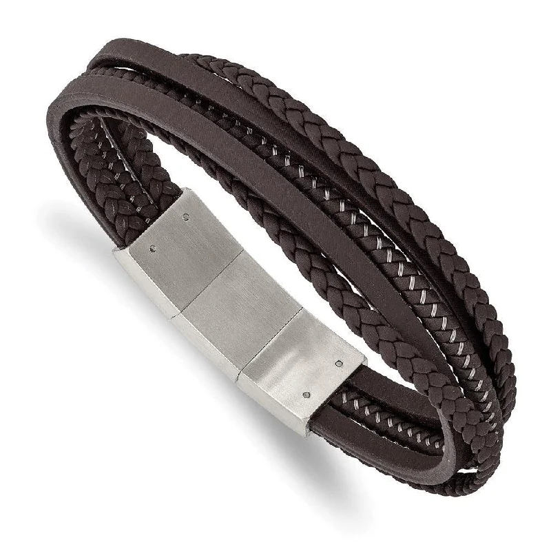 Ladies bracelets balance charm -Stainless Steel Brushed Brown Braided Leather & Wire w/.5in ext Bracelet