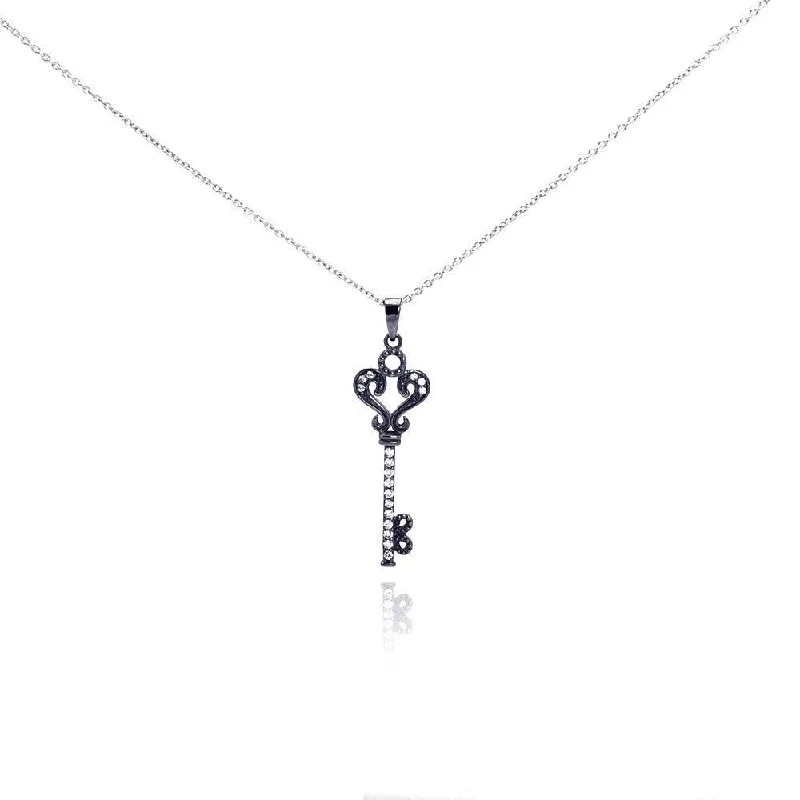 ladies necklaces daily-Silver 925 Black Rhodium Plated Clear CZ Key Pendant Necklace - STP00993